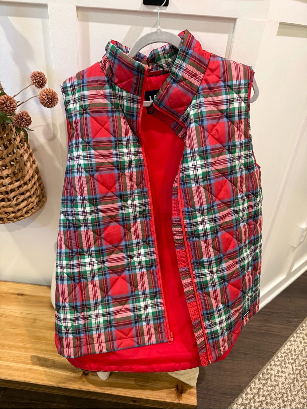 Lands' End Quilted Plaid Vest in Red and Green